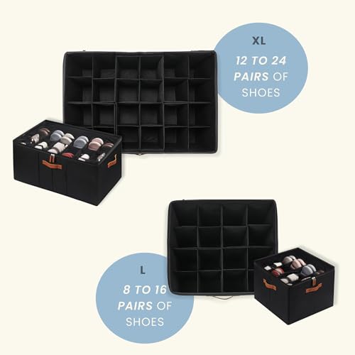 OrganiHaus Large Shoe Storage Bin for Closet, Shoe Organizer Box Fits up to 16 Pairs, Collapsible Fabric Shoe Basket w/Clear Cover, Adjustable Dividers & Reinforced Handles, Black - color: Black