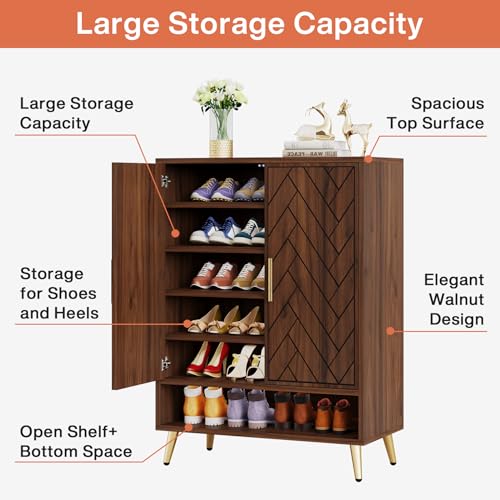 Tribesigns 6-Tier Shoe Cabinet with Doors, Wooden Shoe Storage Cabinet with Adjustable Shelves for Entryway, Hallway, Bedroom (Walnut)