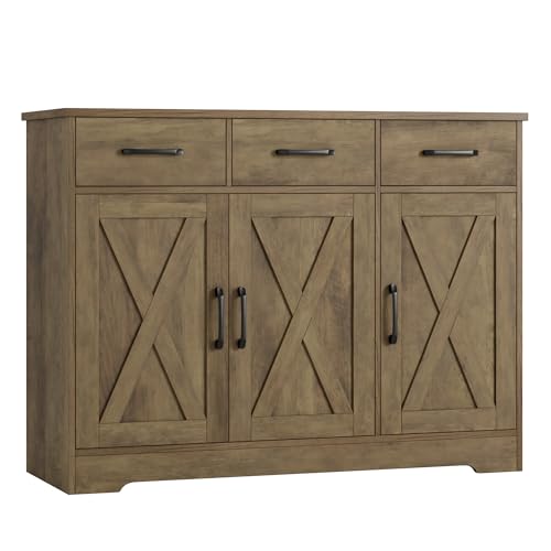 HOSTACK Modern Farmhouse Buffet Sideboard Cabinet, Barn Doors Storage Cabinet with Drawers and Shelves, Wood Coffee Bar Station for Dining Room, Kitchen, Living Room, Rustic Brown - color: Rustic Brown