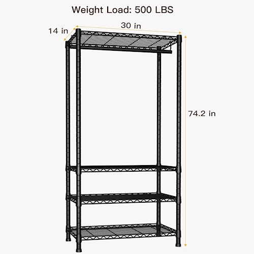 Ulif H2 Heavy Duty Clothes Rack, Freestanding 4 Tiers Garment Rack for Hanging Clothes with Shelves and Hangers, Closet Organizers and Storage Metal Closet Wardrobe System, Max Load 500 LBS, Black - color: Black, size: H2