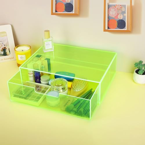 Gelite Acrylic Desk Organizer with Drawer for Makeup Vanity Stackable Desktop Storage Box for Office Supplies, 13.8 x 9.8 x 3.9’’, Neon Green - color: Neon Green