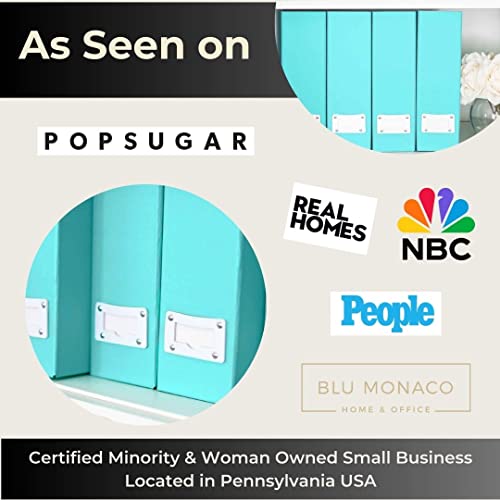 BLU MONACO Set of 6 Aqua Magazine File Holders | Foldable Magazine Storage Boxes with White Leather Label Holders | Vertical File Organizer for Desk, Shelves & Home Office - color: Aqua