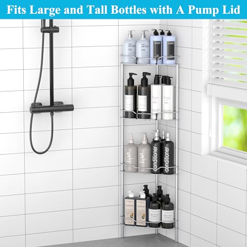 HuggieGems 4 Tier Floor Standing Corner Shower Caddy Organizer Shelf with Hooks, Bathroom Shelves Stand Rack, Silver - color: Silver, size: 4 Tier
