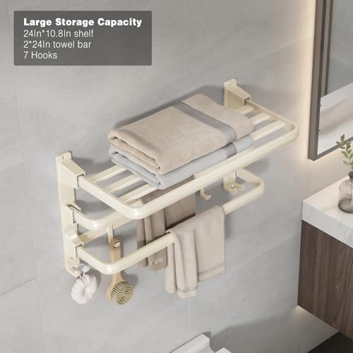 VOLDRA Towel Racks for Bathroom, 24-Inch Towel Shelf with 2 Towel Bar Foldable Towel Holder with 7 Hooks Towel Storage Organizer for Bathroom & Lavatory Wall Mounted(Milky White) - color: Milky White, size: Extra 2 towel bar