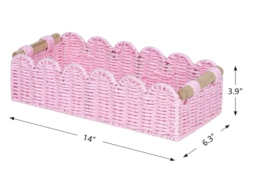 CubesLand Paper Rope Scalloped Edge Gift Basket Empty, Small Living Room,Bedroom Decor Baskets, Pink Woven Toilet Paper Storage Basket, with 2 Wooden Handle, Rectangular - color: Pink, size: M - 14"L x 6.3"W x 3.9"H