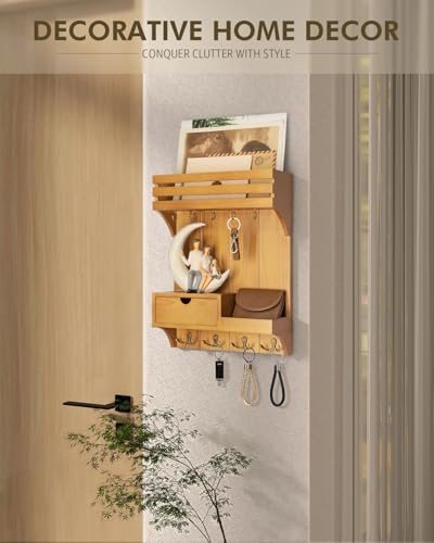 Rebee Vision Farmhouse Key Holder Wall Mount with Mini Drawer Organizer – Mail Organizer with 9 Key Hooks – Ideal Home Decor for Entryway, Hallway, and Bedroom (Light Brown) - color: Light Brown, style: Small Drawer