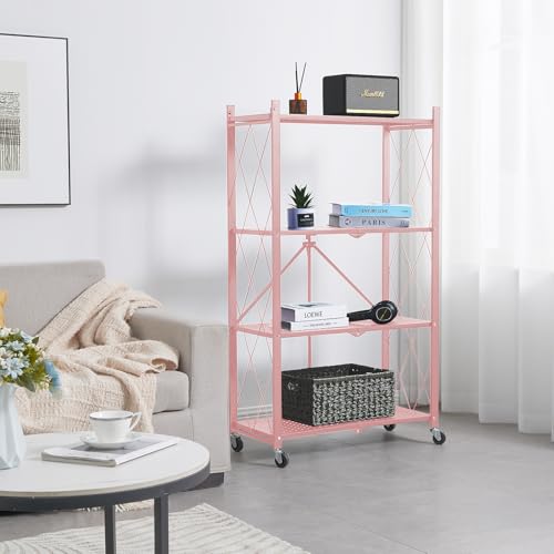 BRIAN & DANY 4-Tier Foldable Storage Shelves with Wheels, Folding Metal Rack Shelving Unit, Heavy Duty No Assembly Organizer Shelf for Garage, Kitchen, Basement, Pantry, Pink - color: Pink, size: 4-tier