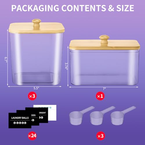 4-Pack Laundry Pods Container, Laundry Room Organization Containers,Large Laundry Detergent Powder Storage Containers with Wooden Lids & Labels,Clear Laundry Pod Holder for Scent Booster/Powder/Pods