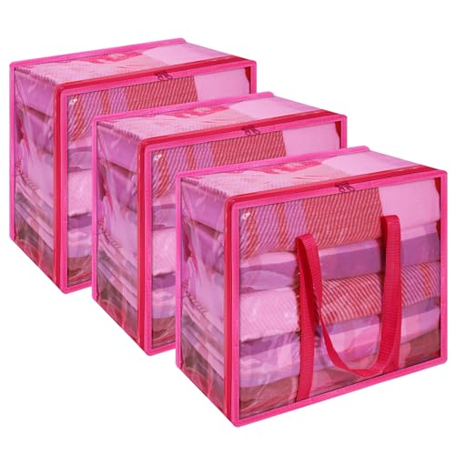 Vieshful Pink 40L Clear Clothes Storage Bag with Zipper 3 Pack Colorful Clothes Organizer Vinyl Storage Bag for Comforter, Blanket, Bedding, Duvet, Transparent Moving Totes - color: Pink-3 Pack, size: 40L