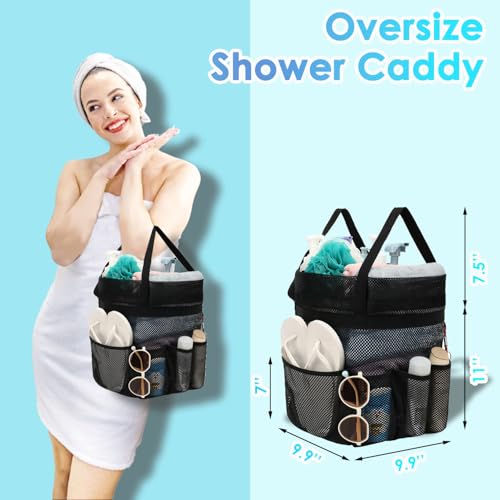 Fammart Mesh Shower Caddy Portable with Drawstring, Dorm Room Essentials for College Girls Guys, 8-Pocket Extra Large Shower Bag Basket Tote for Camping Beach Gym Travel Toiletry Bathroom - color: Extra Large, Drawstring Closure - Black