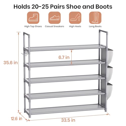 VILICK Shoe Rack for Closet Shoe Organizer Space Saver Storage for 20-25 Pair Shoe Shelf with Hook and Side Pocket Free Standing 5 Tier Shoe Rack Organizer for Entryway,Small Spaces, Grey - color: Grey, size: 33.5"W - 5 Tier
