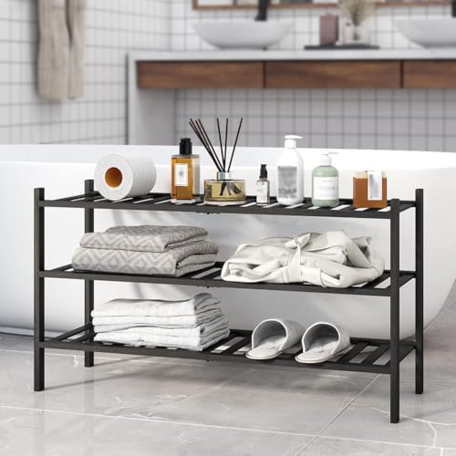 Long Shoe Rack, 3-Tier Bamboo Stackable Shoe Shelf Storage Organizer, Shoe Stand for Closet, Entryway and Hallway - color: Black, size: 3-Tier-Long