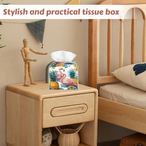 2 Pcs Flamingo Palm Leaf Tissue Box Cover Leather Tissue Box Holder Square Facial Paper Organizer Dispenser for Bedroom Dresser Night Stand Office Desk - color: Flamingo Palm Leaf