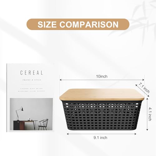6Pcs Storage Bins with Lids, Stackable Plastic Storage Basket with Bamboo Lid, Pantry Organizer Box Small Containers for Organizing Shelves Drawer Desktop Closet Cabinet Office Classroom 10x7.1x4.1in - color: Black