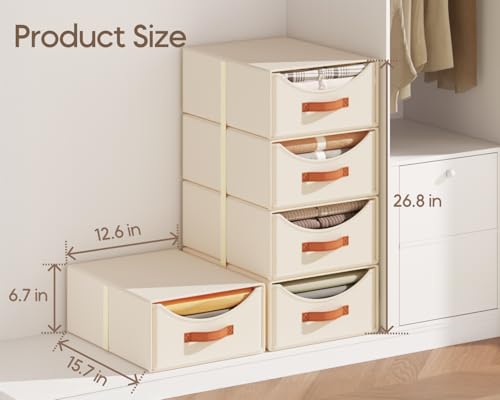 Homsorout Stackable Storage Drawers - Collapsible Storage Bins with Drawers, 4 Pack Closet Shelf Organizer Basket, Fabric Pull Out Organizer for Bedroom, Living Room, Dorm, Beige - color: Beige, size: 13.7 Inch. - 4 Pack