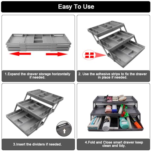 3 Tier Drawer Organizer Collapsible, Multi Level Drawer Organizer, Junk Drawer Organizer for Office, Makeup, Jewelry, Vanity, Kitchen(1 Row 3 Tier)