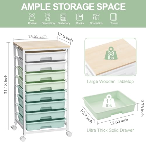 Rolling Storage Utility Cart Organizers with 8 Drawers and Wooden Tabletop for Living Room,Office,Classroom,Craft Room,Bedroom,Dorm,Green - color: Green