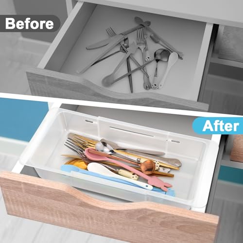 4 PCS Deep Drawer Organizer Bin Adjustable Sliding Drawer Organizers Clear Expandable Transparent Organizer Trays for Home Office Kitchen Makeup Storage Tools