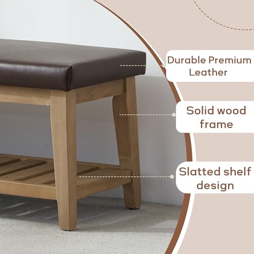 HUIMO Entryway Shoe Bench with Cushion, End of Bed Bench,Upholstered Bench for Kitchen, Bench with Solid Wood Shelf, Leather Ottoman Bench for Hallway, Living Room (PU-Brown) - color: Pu-brown