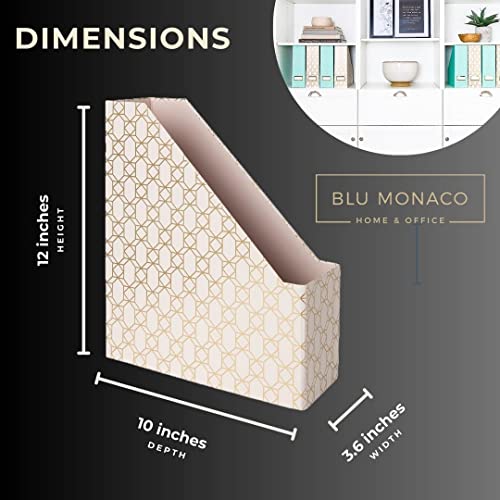 BLU MONACO | Set of 4 Foldable Pink & Aqua Magazine File Holders with Gold Geometric Patterns | Vertical File Organizer Boxes with Gold Label Holders for Home & Office - color: Pink-aqua