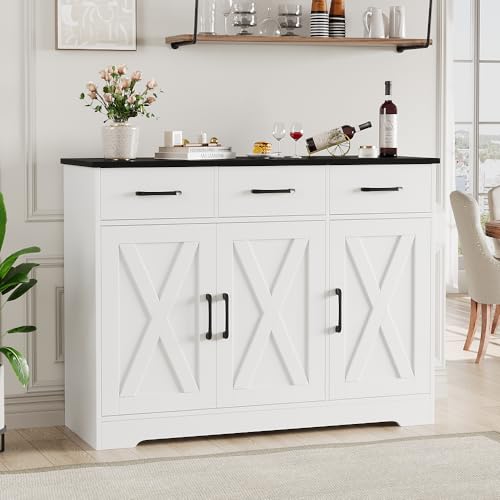 HOSTACK Modern Farmhouse Buffet Sideboard Cabinet, Barn Doors Storage Cabinet with Drawers and Shelves, Wood Coffee Bar with Storage for Dining Room, Kitchen, Living Room, White/Black - color: White/Black
