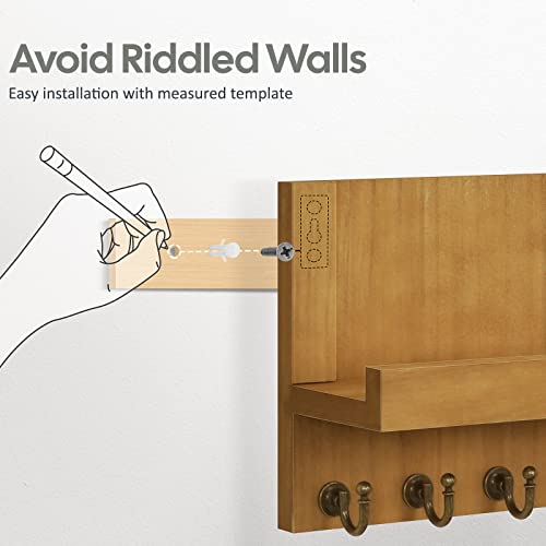 HONJIN Farmhouse Wall Key Holder for Wall : Holiday Card Slot Design Wooden Mail Organizer Wall Mount Dog Leashes Holder Hanger (Light Brown) - color: Light Brown