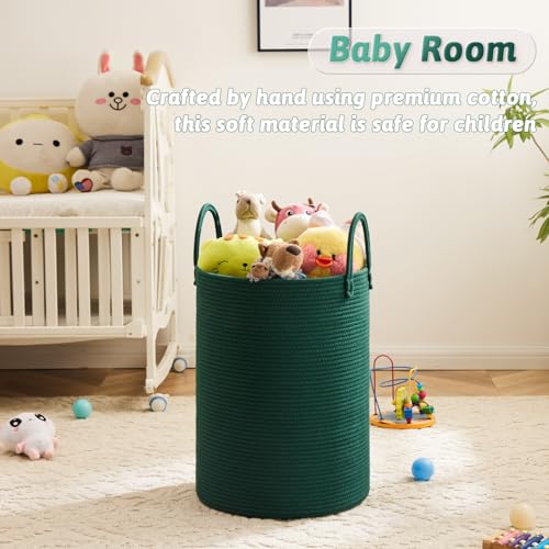 Artfeel Laundry Basket,Woven Cotton Rope Laundry Hamper,40L for Decorative Storage of Dirty Clothes,Toys and Blankets in Bathroom,Baby Room and Living Room - color: Dark green, size: 40L