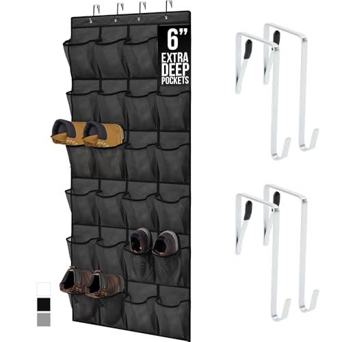GORILLA GRIP Over the Door Shoe Organizer, 24 Extra Large Breathable Mesh Pockets, Space Saving Hanging Storage Holder, 4 Hook Closet Rack Hanger, Hangs on Closets for Shoes and Accessories, Black - color: Black, size: 24 Extra Large Pockets/4 Hooks