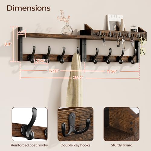Evermagin 35" Coat Rack Wall Mount with Shelf, 4 in 1 Coat and Key Hanger with 13 Metal Hooks, Entryway Wall Mounted Shelf with Mail Holder for Living Room, Bedroom, Rustic Brown - color: Rustic Brown, size: 35 Inch