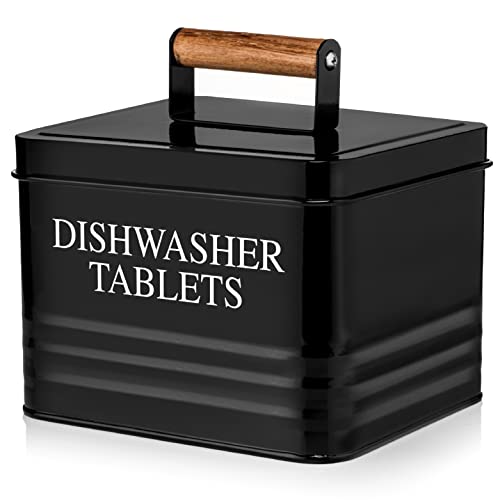 Calindiana Modern Farmhouse Metal Dishwasher Pods Container Holder with Lid for Kitchen Organization and Storage, Kitchen Essentials Decor Accessories, Black - color: Black