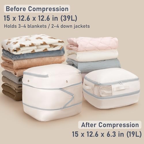 DIMJ Compression Storage Bags 6 Pack - Blanket Storage Bags with Window Zipper, Ultra Space Saving Self Compression Organizer for Puffer Jacket, Bedding, Lightweight Comforter Duvet, Sweater - color: Beige, size: 39L x 6 Pack