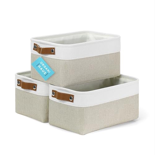OrganiHaus Small Fabric Storage Baskets 3 Pack, 12x8in Cloth Storage Bins for Shelves, Small Baskets for Organizing Bathroom Pantry Closet, Canvas Shelf Baskets, Beige/Off-White - color: Beige / Off-White, size: Small - 3pc