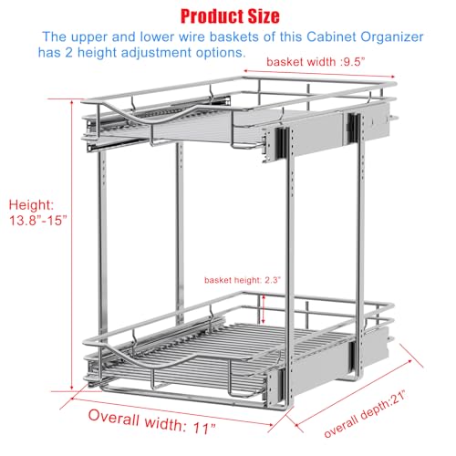 DINDON 2 Tier Pull Out Cabinet Organizer (11"W X 21"D), Double Tier Wire Basket Slide Out Shelf Storage for Kitchen Base Cabinet Organization for Kitchen, Pantry, Bathroom, Chrome - size: 11'' W X 21'' D