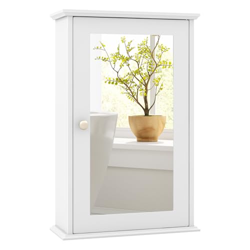 Tangkula Bathroom Medicine Cabinet with Mirror, Wall Mounted Single Mirror Door Storage Cabinet w/Adjustable Shelf, Wall Cabinet w/Reversible Door for Bathroom Living Room Hallway (White) - color: White