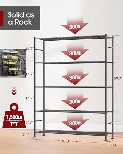 Sakugi Storage Shelves - 5 Tier Shelf Organizer, Sturdy Metal Garage Shelving with Adjustable Leveling Feet, Space-Saving Shelves Organizer for Pantry, Laundry, Kitchen (47" x 12" x 60", Black) - color: Black, size: 47.0W x 12.0D x 60.0H (5T)