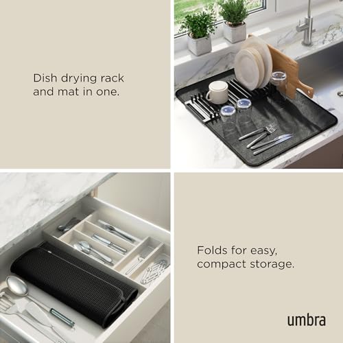 Umbra Udry Dish Rack and Microfiber Drying Mat – Space-Saving Design Folds Up for Easy Storage, Basic Rack, Black - color: Black, style: Basic Rack