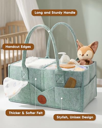 Maliton Baby Diaper Caddy, Nursery Storage Bin & Car Organizer with Handle, Large Felt Bag for Newborn essentials Boy or Girl, Changing Table Organizer for Baby Stuff, 15" x 9" x 7"Baby Shower Basket - color: green, size: Large