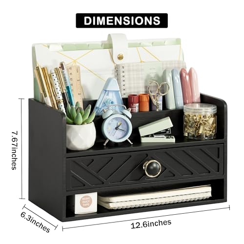 dreampossible Black Wood Desk Organizer and Accessories with Drawer, Bill Mail Organizer and File Mail Holder for Office Supplies, Desk Accessories & Workspace Organizers for Desk Organization - color: Black