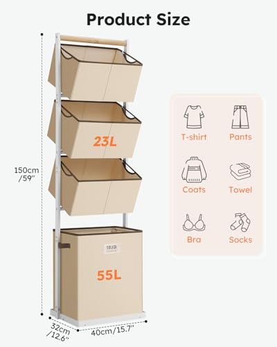 SOLEDI 4 Section Laundry Hamper Sorter, Stackable Laundry Basket Organizer with Removable Basket, 125L 4-Tier Vertical Laundry Sorter for Small Space, Laundry Room, Dorm, Bathroom, Wardrobe Beige - color: Beige