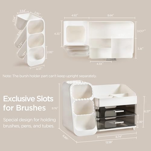 HBlife Makeup Organizer with Brush Holder for Vanity, Large Plastic Bathroom Countertop Organizer Skin Care Storage, Easy to Store Lipsticks, Nail Polishes, Perfumes, Eyeshadow Palettes, White - color: White, size: Large
