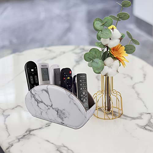 Leather Remote Control Holder with 5 Compartments TV Remote Caddy Store Box,Desktop Organizer for Controller, Glasses and Media Player,Pen Storage (White) - color: white