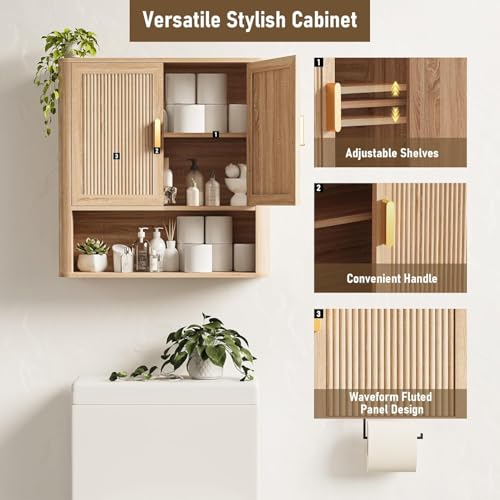 INNOD Bathroom Wall Storage Cabinet, Medicine Cabinet with Adjustable Wood Shelf & Doors, Over the Toilet Storage Cabinet for Laundry Room & Living Room Kitchen Storage Islands (Natural Oak) - color: Natural Oak