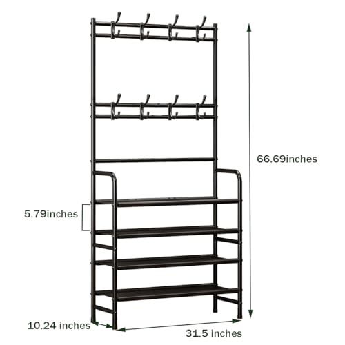 Coat Rack Shoe Rack With Storage Shelf Freestanding with 8 Hooks for Entryway Bedroom Closet 4 Tier, Black - color: Black