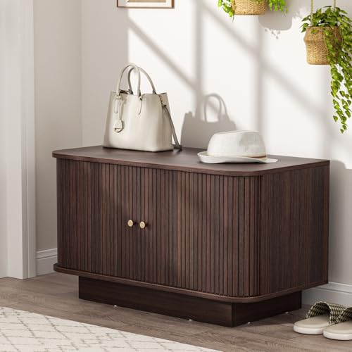 AKMAKM 31.5" W Sliding Door Shoe Storage Bench, Small Entryway Shoe Cabinet with Adjustable Shelf, Space-Saving Wooden Low Cabinet for Hallway, Living Room, Apartment, Dorm, Walnut - color: Walnut, size: 31 W