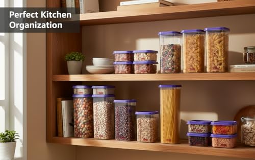 Airtight Food Storage Container With Lids 9PCS Family Set, BPA-Free Food-grade Plastic Stackable Leak-proof Kitchen Pantry Organizers for Pasta, Nuts, Dry Goods, Snack,Modular Design (Purple) - color: Purple
