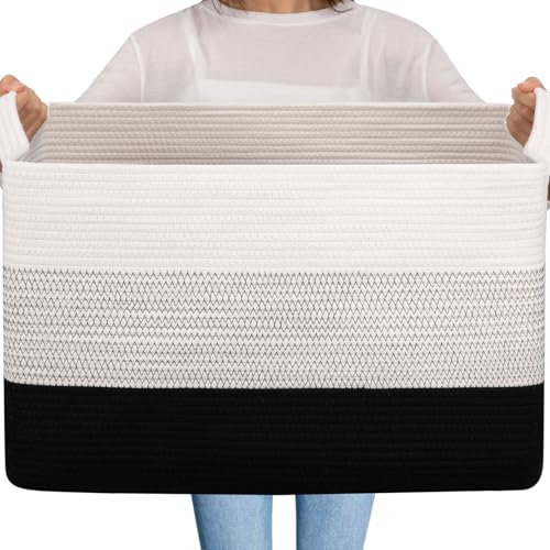 OIAHOMY Extra Large Blanket Basket, 95L Cotton Rope Woven Laundry Basket, Toy Bin for Baby Room, Container for Blanket Storage in Living Room, 24''×17''×14'', Gradient Black - color: Gradient Black, size: 95L