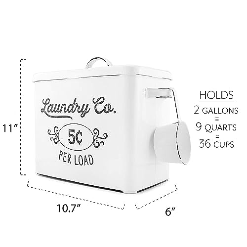 AuldHome Design Farmhouse Laundry Powder Container, White Enamelware Detergent Bin w/Scoop