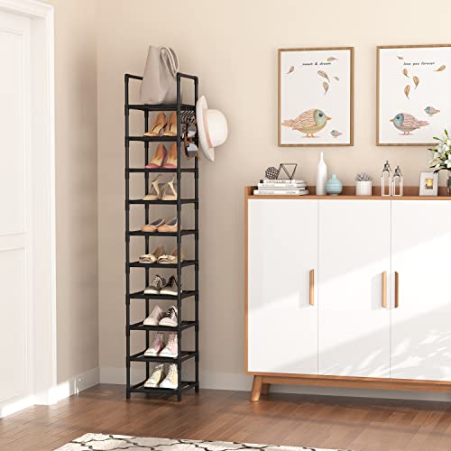 LANTEFUL Tall Narrow Shoe Rack for Entryway, 10-Tier Sturdy Metal Shoe Shelf Storage 10-15 Pairs of Shoes and Boots, Space Saving Corner Shoe Rack Organizer for Closet,Doorway,Garage,Living Room - color: Black, size: 10 tiers