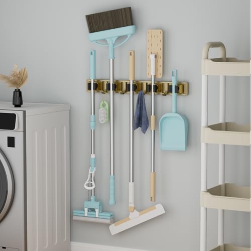 reliahom Broom Holder Wall Mount, 5 Racks with 4 Hooks Bronze - Mop Storage Tool Racks, Broom Hanger Tool Organizer for Garage, Kitchen, Garden, Laundry Room - color: Bronze, size: 1 Pack 5R4H
