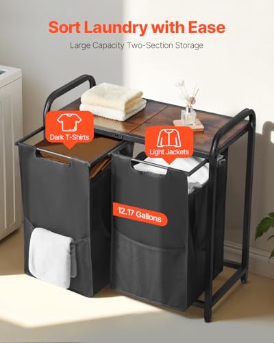 VEVOR 2 Section Laundry Sorter, Large Laundry Hamper with Metal Frame and Wooden Tabletop, Freestanding Storage Organizer Baskets with Pull-Out 600D Oxford Cloth Bags for Dirty Clothes, Bathroom - style: 2 Section